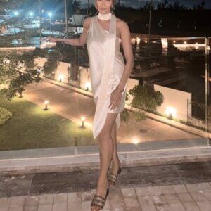 New Line & Dot Gloss Scarf Mini Dress in Ivory off white satin